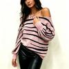 Winter Zebra Streifen Locker Schulterfrei Strickpullover Große Größen Farbblock Fledermausärmel Oberteil Damen