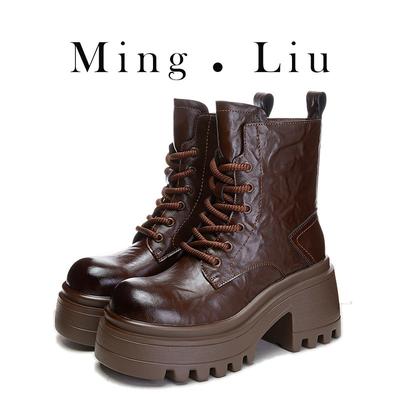 Skórzane buty Martin damskie jesień i zima nowe retro na wysokim obcasie krótkie buty damskie casualowe wszechstronne buty damska moda damskie buty