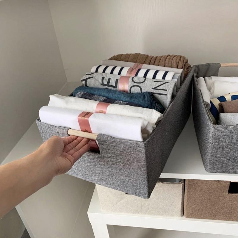 Sturdy Fabric Storage Bin With Reinforced Bottom Wooden Handles for Bedroom Office