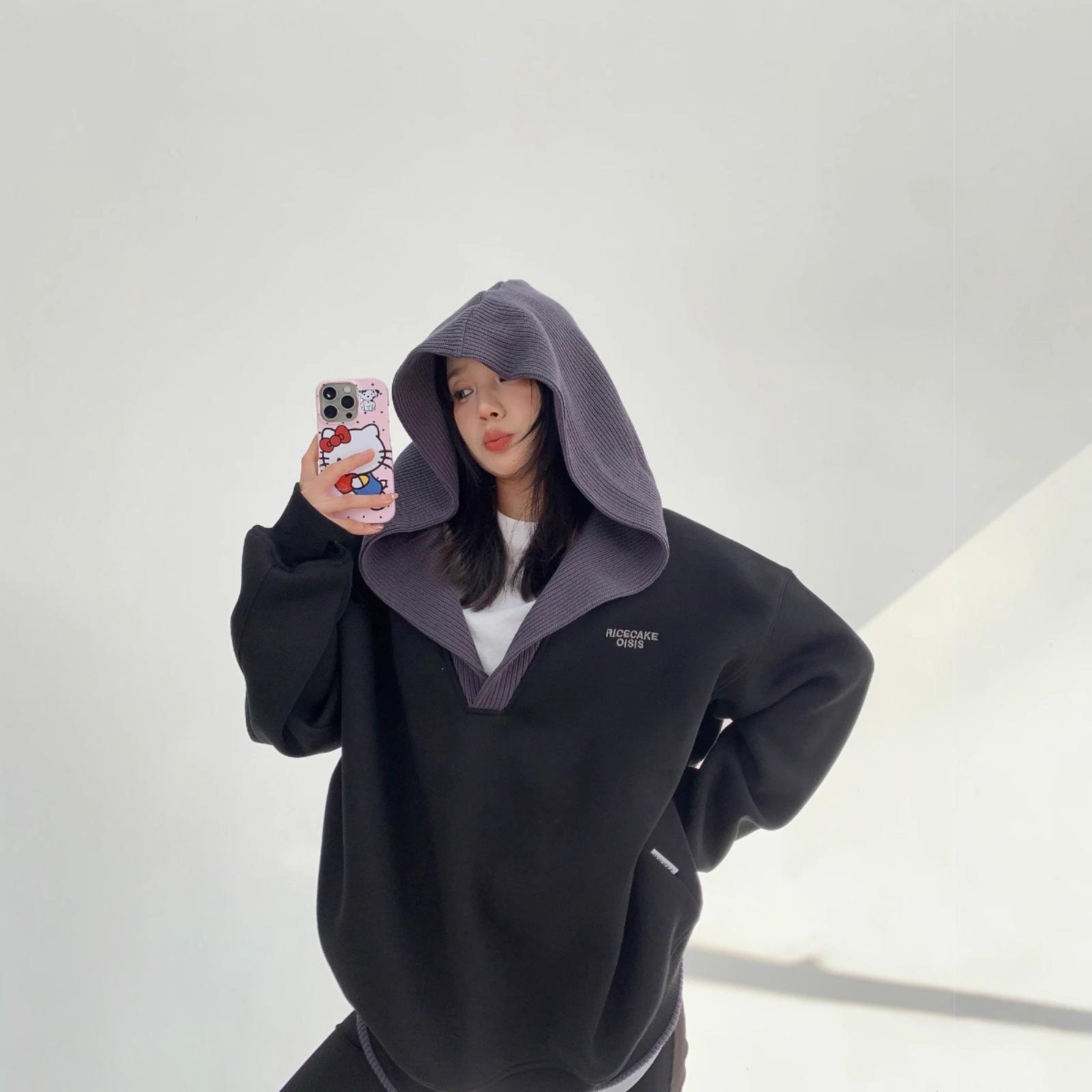 Осенне-зимний свитер с капюшоном и V-образным вырезом контрастной расцветки, мужские и женские куртки XXXL чёрный