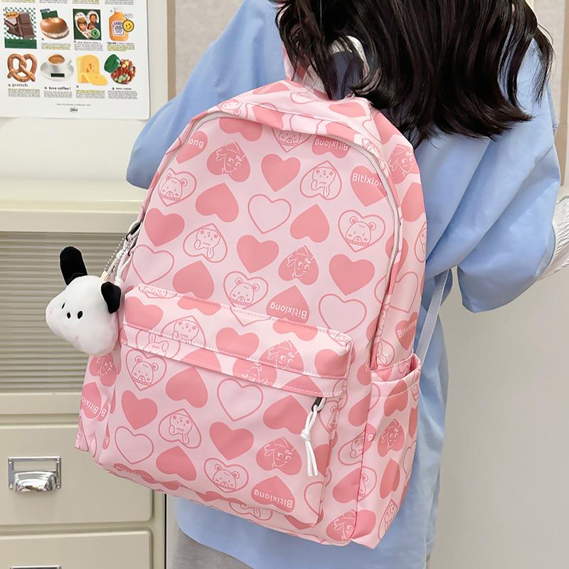 

School Bag for Students Heart Pattern Book Bag Nylon Adjustable Strap Shoulder Bag Large Capacity Rucksack розовый