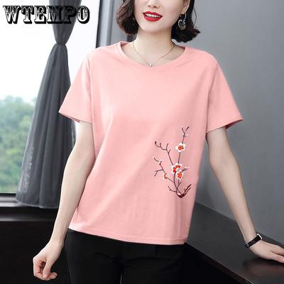 Damski bawełniany T-shirt z krótkim rękawem, luźny, w jednolitym kolorze, z okrągłym dekoltem, wygodne topy