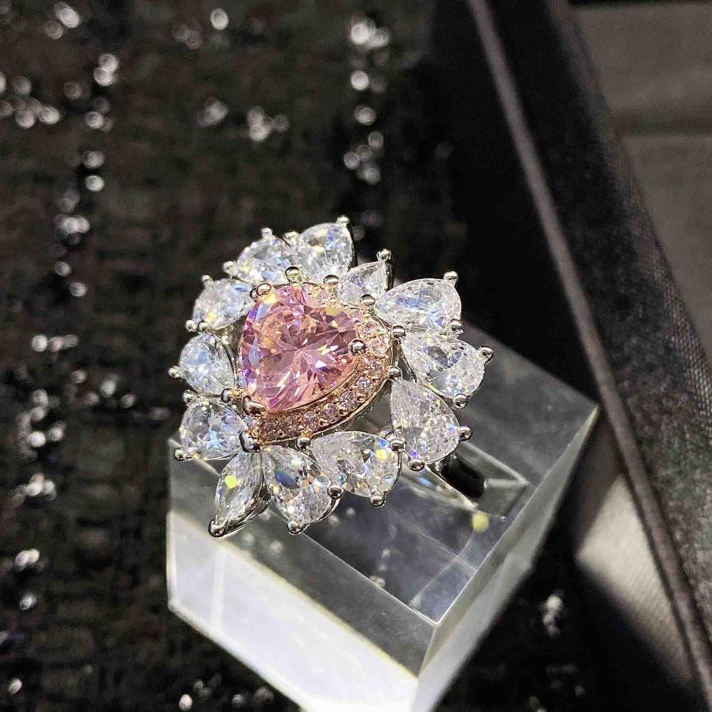Open Ring Heart Shaped Pink Diamond Jewelry for Women Simulated Argyle Pink Diamond Cluster Ring