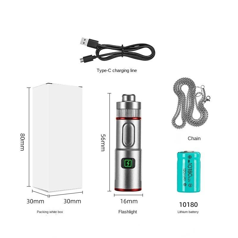 

Многофункциональный мини-ожерелье светодиодный фонарик карманный из алюминиевого сплава маленький фонарик Type-C перезаряжаемый аварийный фонарик Silver, White Box