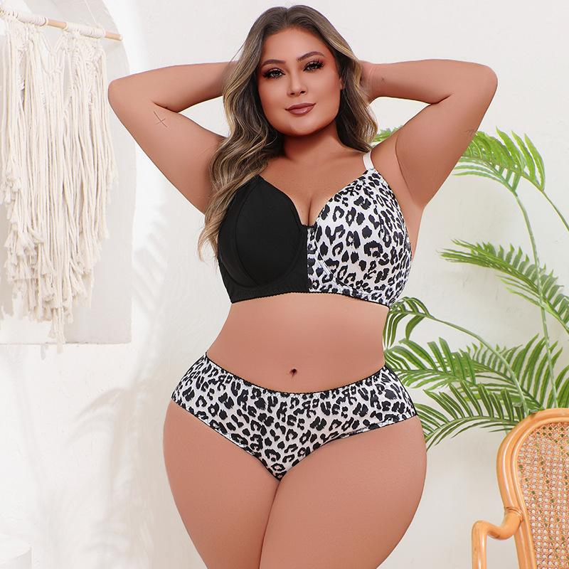 Sexy Plus Size Women's Leopard Print Splicing Underwear Set Gathered Suspenders Bra and Panties Two-piece Set