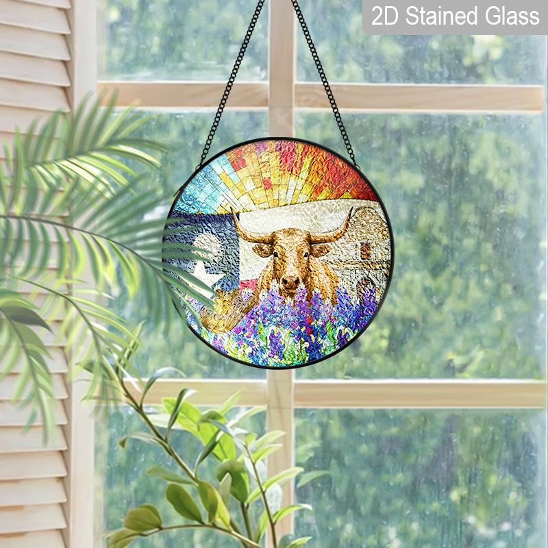 2D flacher Buntglas-Christgeschenk-Fensterdekoration, 6,3/7,87 Zoll Yak Religiöse farbige Glasplatte mit Kette, Charmante christliche Sonnenfänger