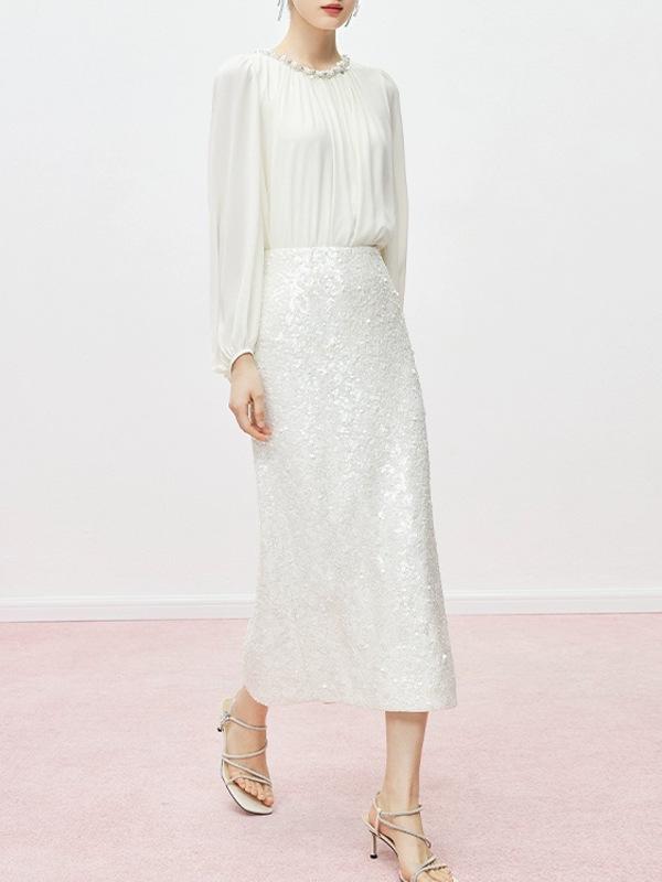 Autumn 2025 Elegant High-Waisted Porcelain White Sequin Midi Skirt for Women