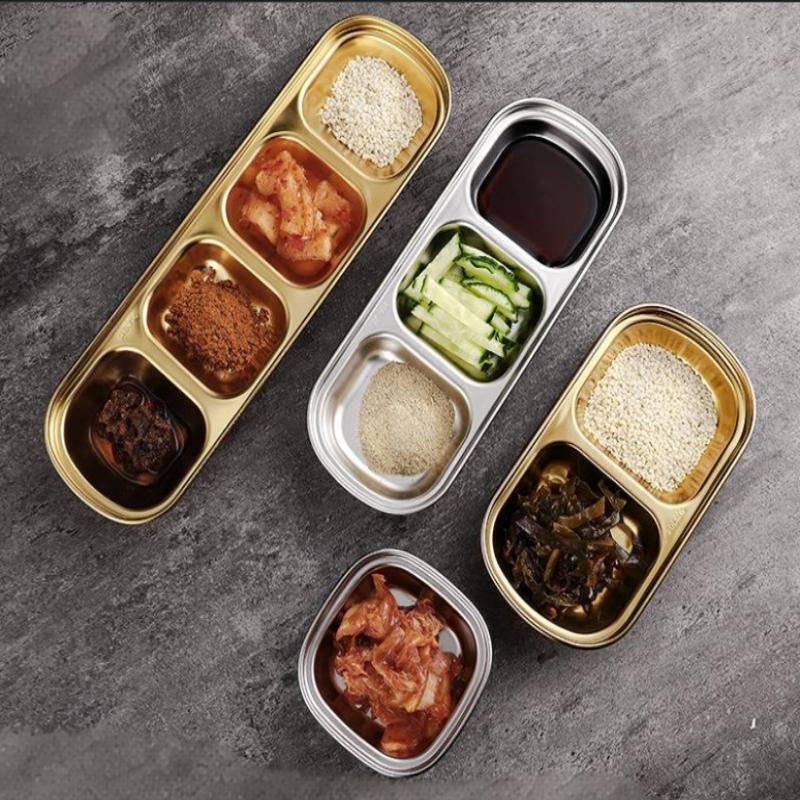 Talerz obiadowy ze stali nierdzewnej 304 w stylu koreańskim, złoty talerzyk do maczania, talerzyk na sos, naczynia stołowe do grilla, wielofunkcyjne naczynia stołowe