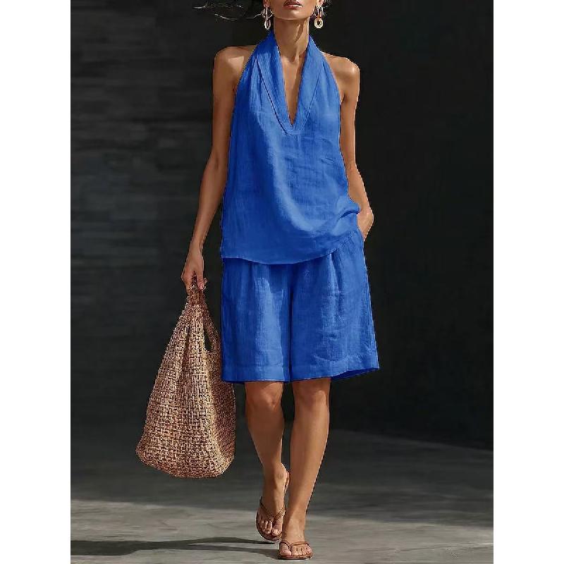 Women's V-neck Vest Shorts Holiday Casual Two-piece Set