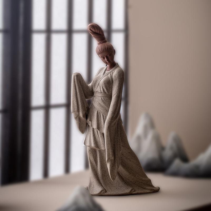 Zen Chinese Ancient Dancing Statue for Women, Beautiful Women Statues, Ceramic, Purple Sand, Tea Room Decorations, Gift