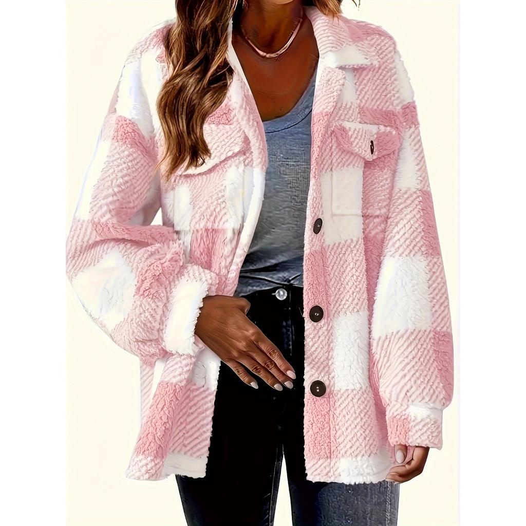 Ladies' Plush Fleece Winter Coat - Grid High Stretch Coat, Middle Eastern Elegant Collection, Machine Washable for Autumn and Winter
