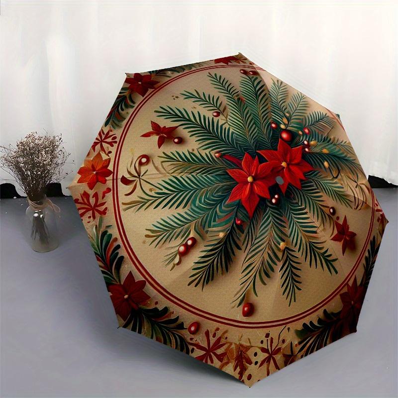 Christmas Poinsettia & Pine Branches PlateUmbrella, Portable 3-Fold Compact Umbrella,Christmas Gift ES583