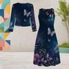 Women Plus Size Black Printed Two Piece Dress Set Round Neck Long Sleeve Cardigan Sleeveless Long Dress