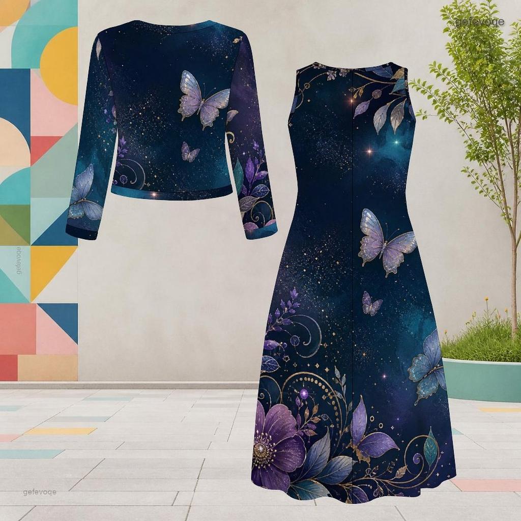 Women Plus Size Black Printed Two Piece Dress Set Round Neck Long Sleeve Cardigan Sleeveless Long Dress