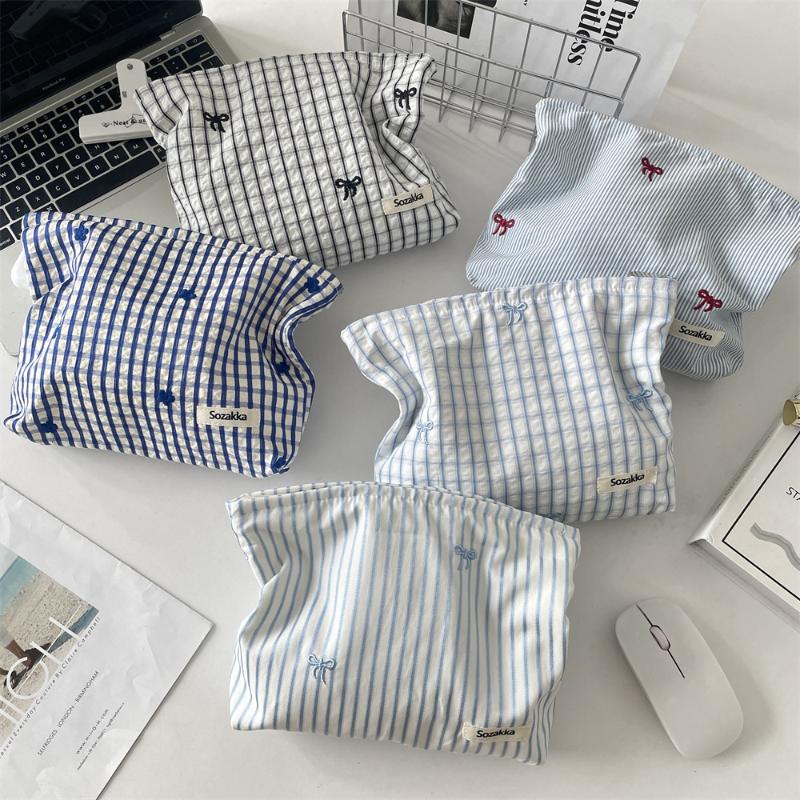 Fashion Fresh Striped Plaid Cosmetic Bag Korean Simple Bow Embroidered Makeup Bag Storage Bag Toiletry Storage Pouch