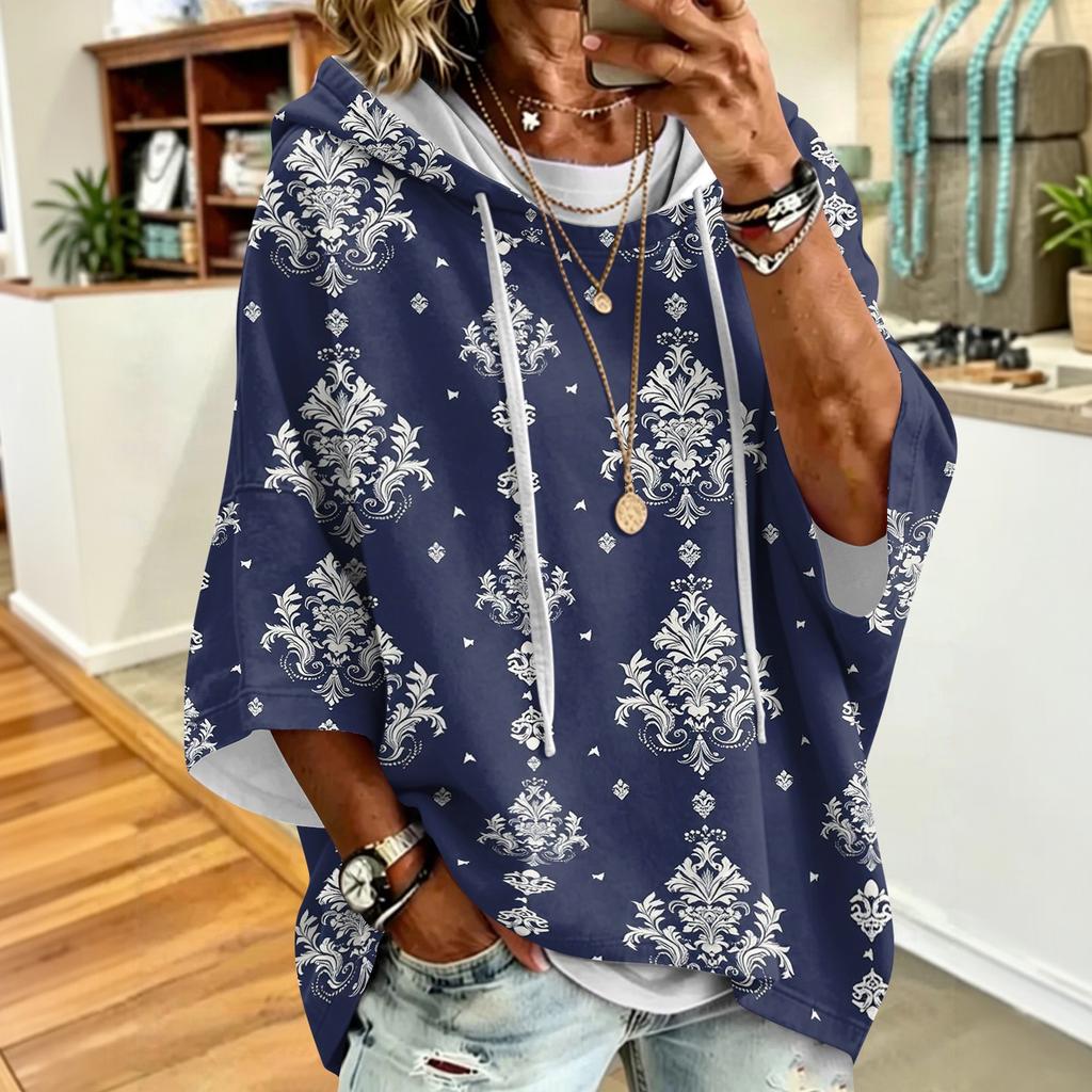Women's Drawstring Hoodie Retro Floral Print Loose Fit Casual Sweatshirt