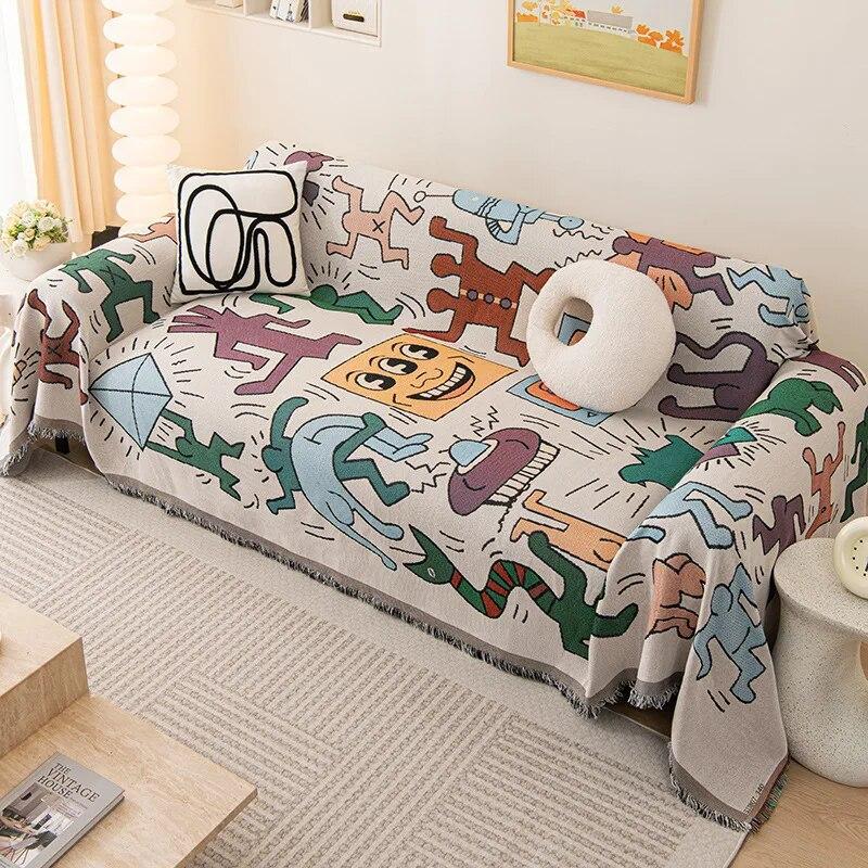 Cute Cartoon Sofa Cover with Tassels Modern Throw Blanket for Bed Couch Outdoor Camping Picnic Mat