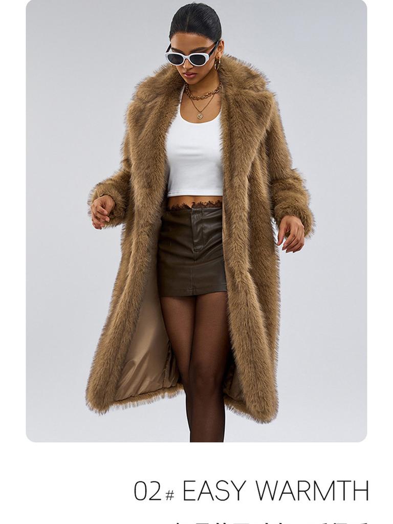 Winter Damen Extra Langer Kunstpelzmantel mit Westkragen, Heißverkauf Kunstpelzjacke