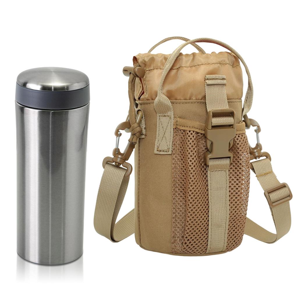Portable Insulated Water Bottle Holder With Adjustable Strap And Mesh Side Pocket For Outdoor Hiking Camping Travel