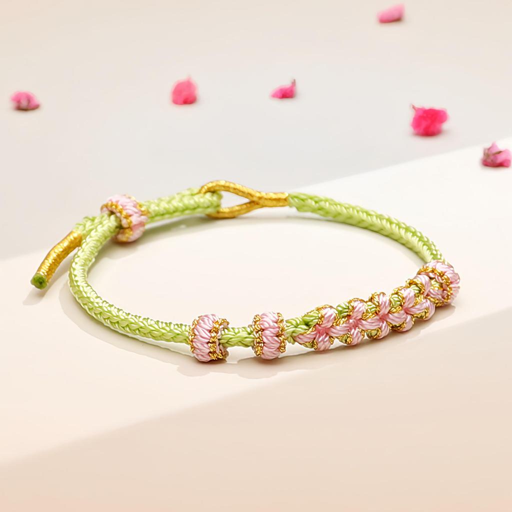 Handmade Peach Blossom & Lily of the Valley Knot Zodiac Bracelet – Red Rope for Men & Women, Bead-String DIY Semi-Finished.