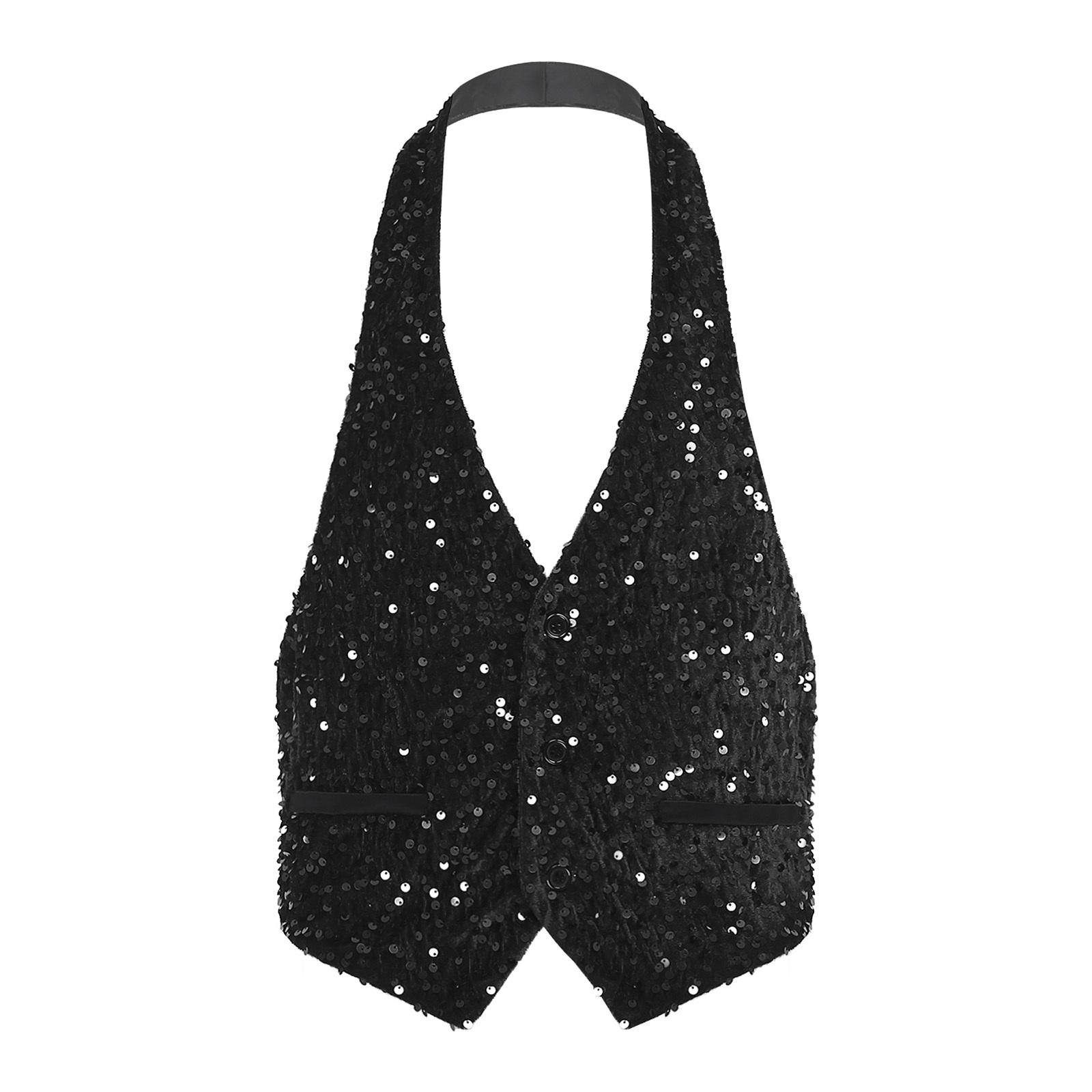

Mens Shiny Sequins Velvet Waistcoat Halter V Neck Front Button Down Backless Vest Top M чорний