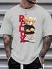 Men's Summer 100% Polyester Fashionable Casual Loose Large Size Letter Bear Printed Sports Round Neck Short Sleeve T-shirt Top