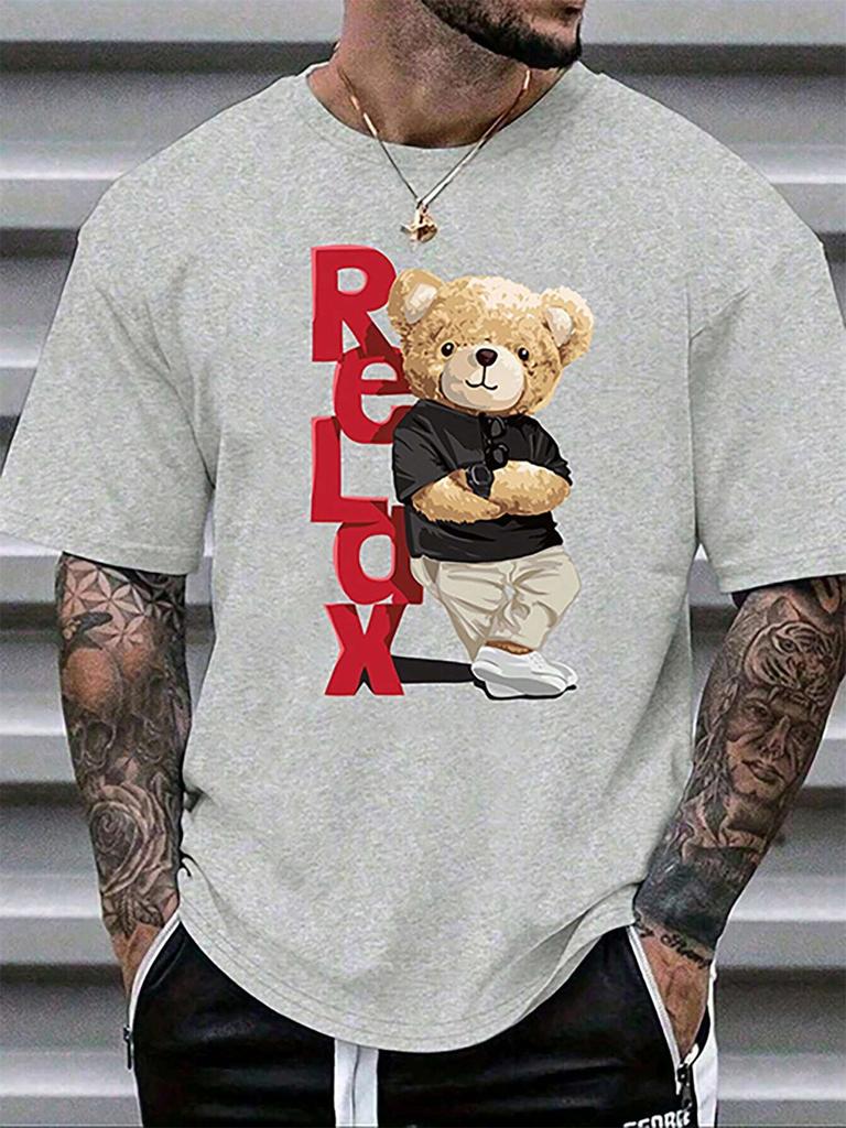 Men's Summer 100% Polyester Fashionable Casual Loose Large Size Letter Bear Printed Sports Round Neck Short Sleeve T-shirt Top