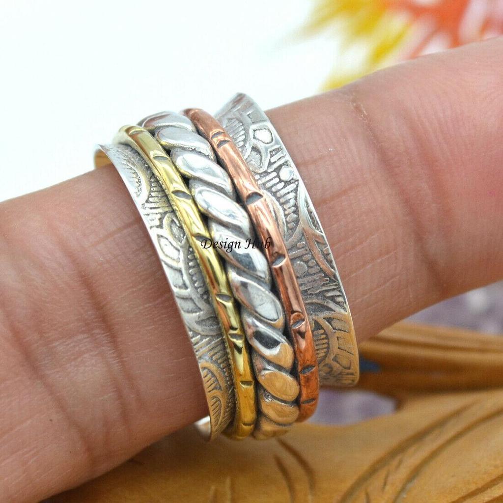 925 Sterling Silver-Spinner Ring, Solid 925 Sterling Silver Three Tone Handmade Brass and Copper Meditation Spinner Ring For Christmas Ring