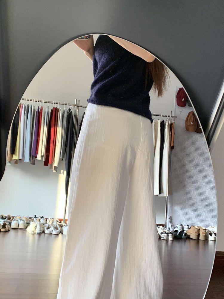 Women's Plus Size White Denim Pants: Wrinkle Texture, Floor-Length, Loose Fit, Tummy Concealing, Wide Leg
