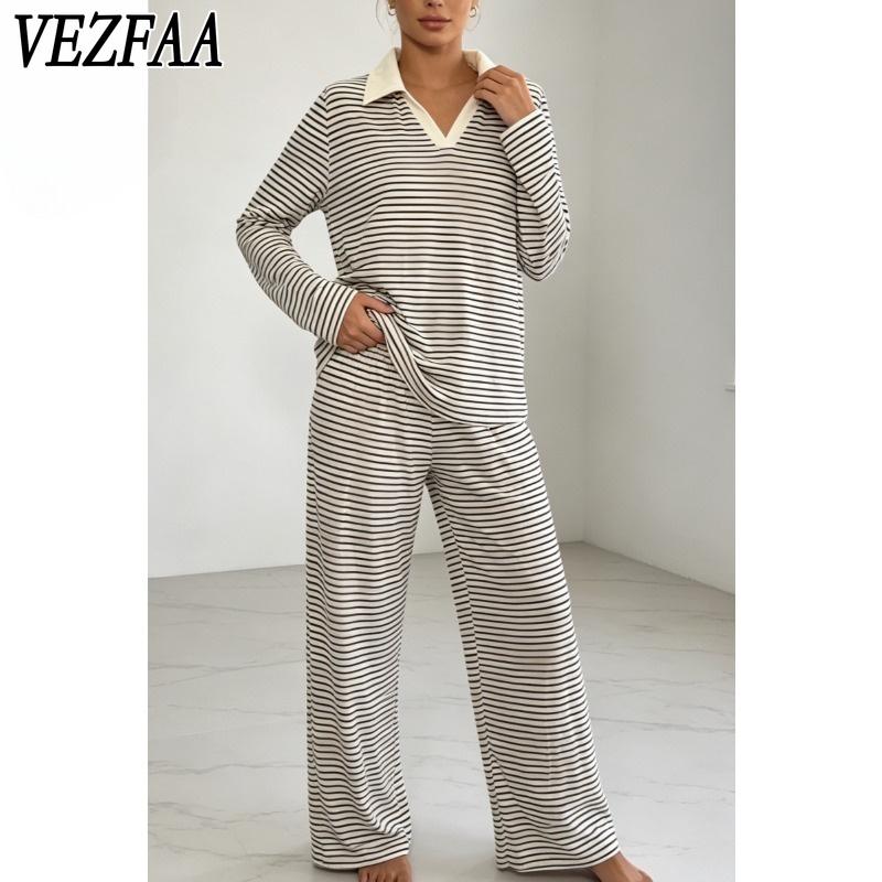 VEZFAA Women's Fashion Spring Autumn Stripe Print Long Sleeve POLO Neck Casual Pajama Set