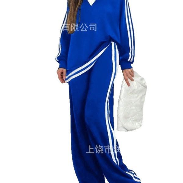 1116 trendy brand spring and autumn new fashion casual V-neck striped trousers long-sleeved crew neck suit women's clothing