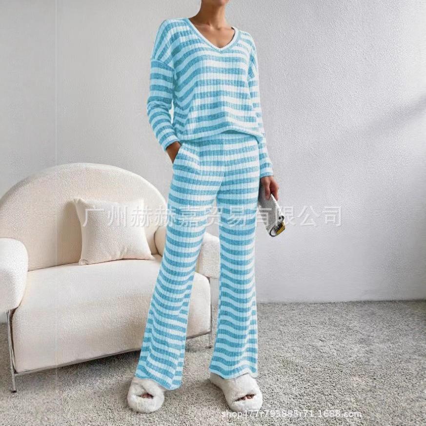 Cross-border Two-piece Set Women's 2025 Autumn New Fashion Casual Straight-leg Pants Temperament Loose V-neck Pit Strip Knitted Cover