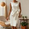 Women Sleeveless Bodycon Dress Ruched Bow Tie Side Slit Midi Dress Lady Formal Cocktail Party Work Dress