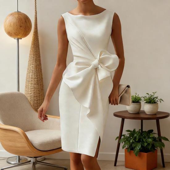 Women Sleeveless Bodycon Dress Ruched Bow Tie Side Slit Midi Dress Lady Formal Cocktail Party Work Dress