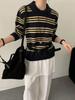 Women's Korean-Style Long-Sleeve Knit Sweater with Contrasting Stripes and Small Lapel - Versatile and Casual Pullover