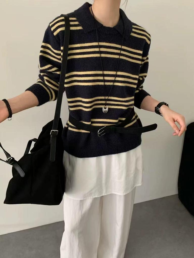 Women's Korean-Style Long-Sleeve Knit Sweater with Contrasting Stripes and Small Lapel - Versatile and Casual Pullover