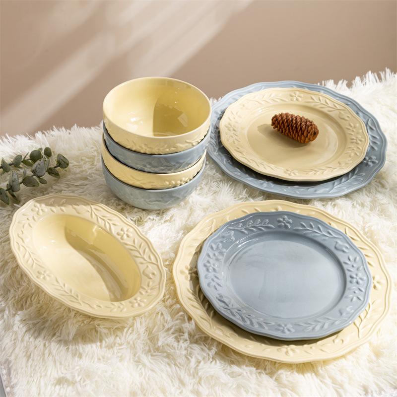 French Minimalist Relief Flower and Bird Plate Ins Cream Yellow Tableware Household Ceramic Plate Rice Bowl Set Oval Soup Plate