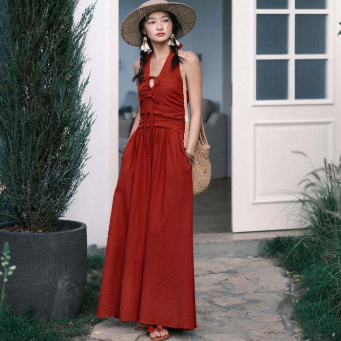 French-Inspired Red Backless Sleeveless Dress - Slim-Fit Fairy Style with Cinched Waist for Spring and Summer Large