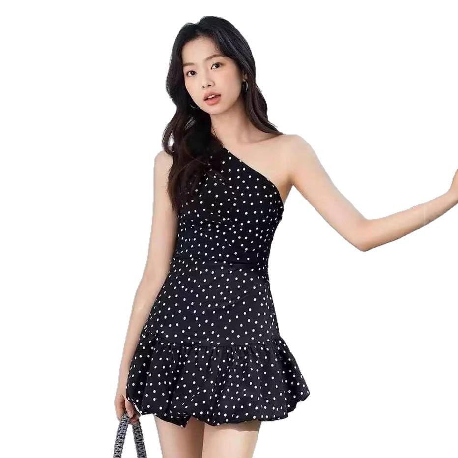 Polka Dot One-Shoulder Pleated Super Short Dress with French Design