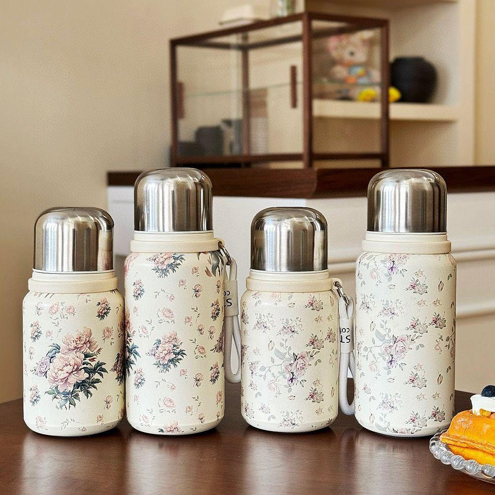 Chinese Style Rose Peony Insulated Cup with Lanyard, Large Capacity, Portable, Tea Separation Feature, Exquisite Stew Pot Design