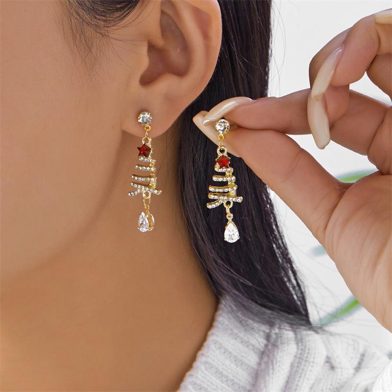Trendy Green Christmas Tree Pendant Earrings for Women Sweet Cute Bowknot Colorful Zircon Tree Earrings Party Jewelry Gifts