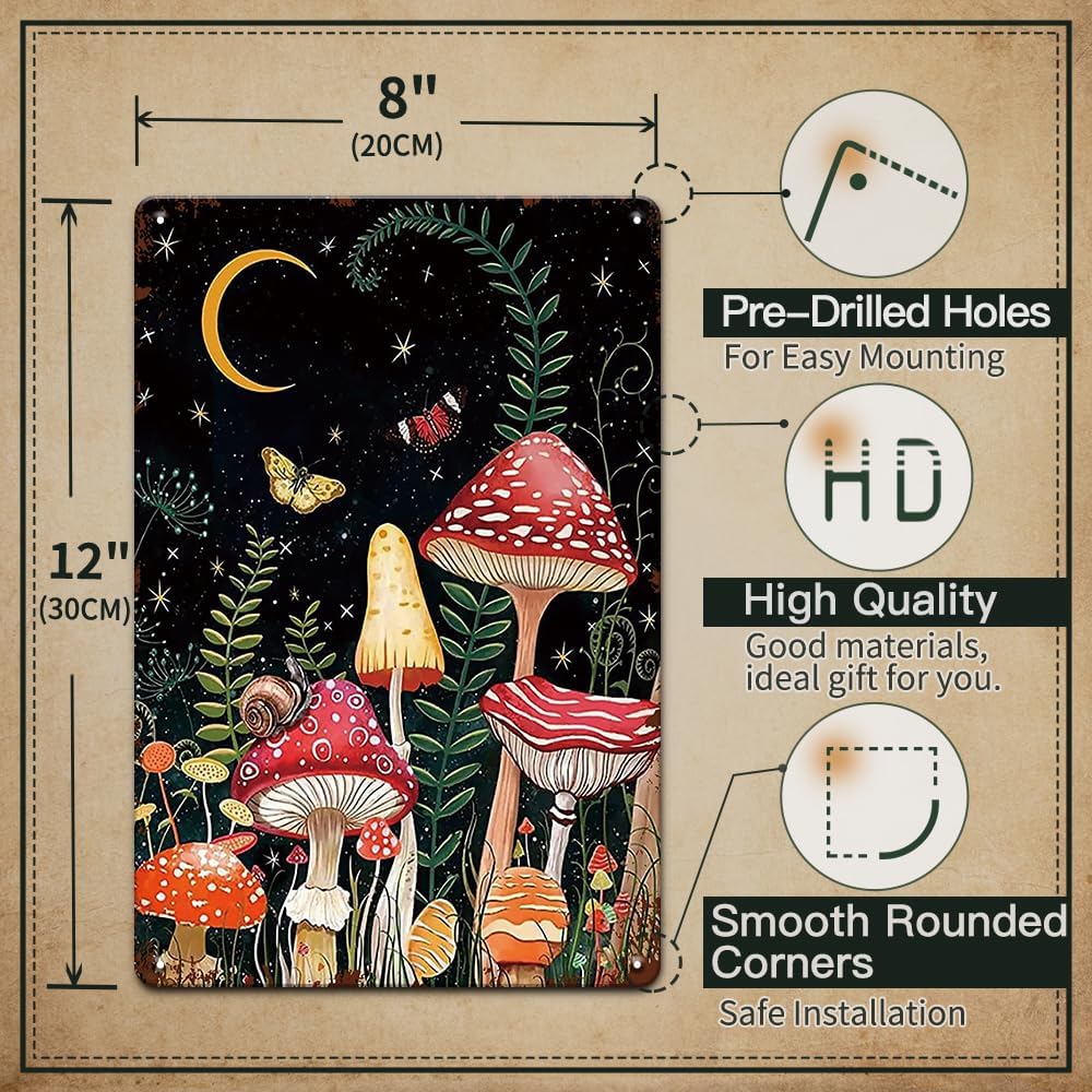 YOYI ART Cute Mushroom Wall Decor Sign - Vintage Metal Tin Sign for Bedroom, Bathroom, Cottage Enchanted Forest Room, Kitchen wall Decor art