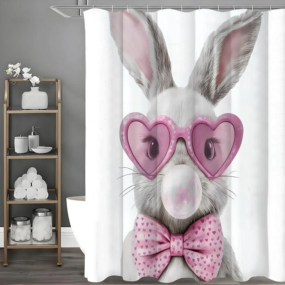 Cute Bunny Cool Shower Curtain, Pink Eyes Bubble Bow Bathroom Decorative Shower Curtain, Waterproof Shower Curtain With Hooks