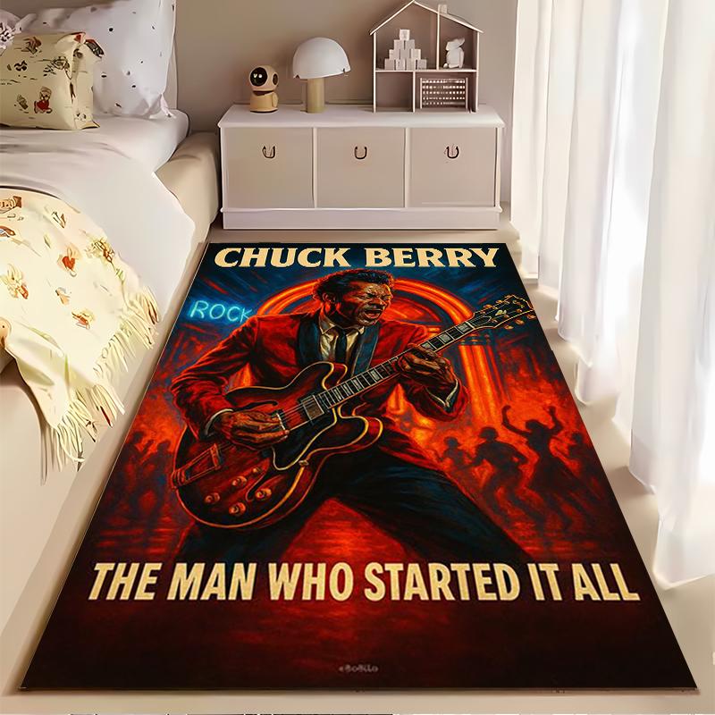 Music Legend Area Rug, Chuck Berry Rock Red Suit Guitar Stage Crowd Poster Print, Rock and Roll Decor, Non-Slip Mat