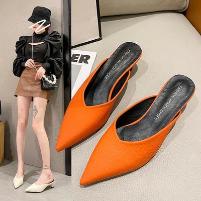 2025 Spring and Summer New Korean Version of Simple Pointed Müller Shoes Fashion Bag Head Thin Heel Medium Heel Half Slippers Casual Sandals