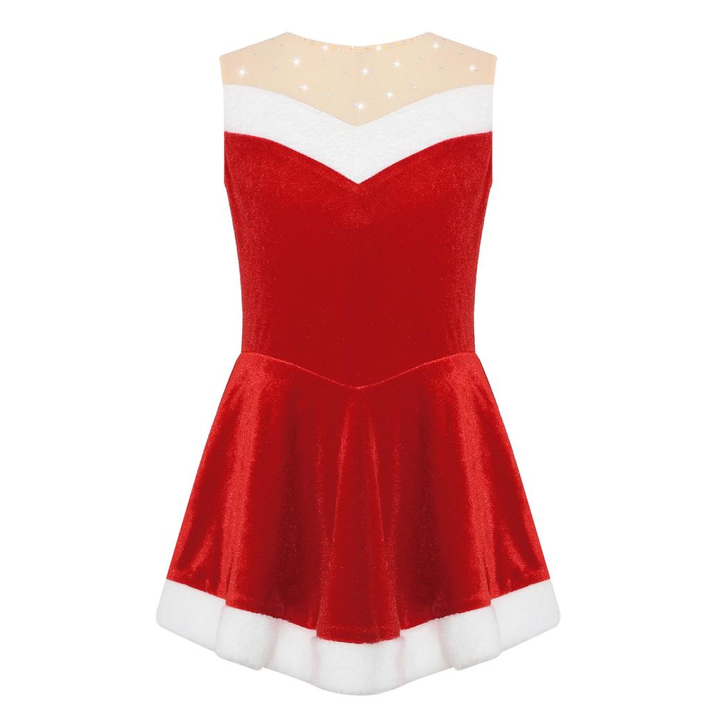 Girls Santa Claus Costume Soft Flannel Design Sleeveless Sequins Ballet Dress Ice Skating Bodysuit