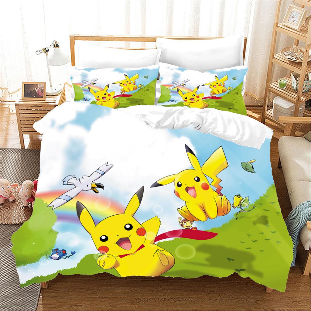Anime P-Pokémon Printed Bedding Set New Ash Ketchum Pikachu Duvet Cover Comforter Pillowcase Boys Girls Children Adults King Gif