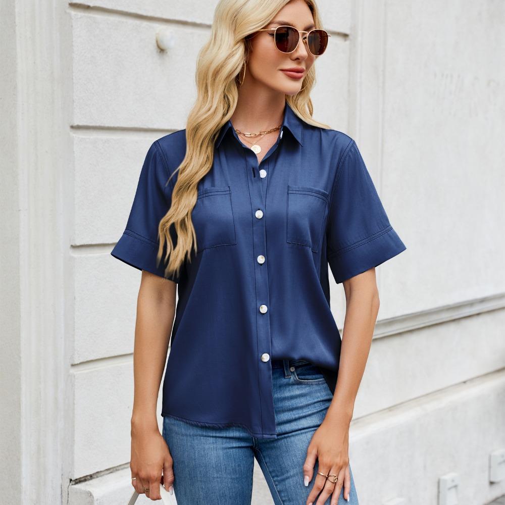 Women's Short-sleeved T-shirt Spring and Summer New Shirt Row Buckle Imitation Denim Short-sleeved Loose Shirt