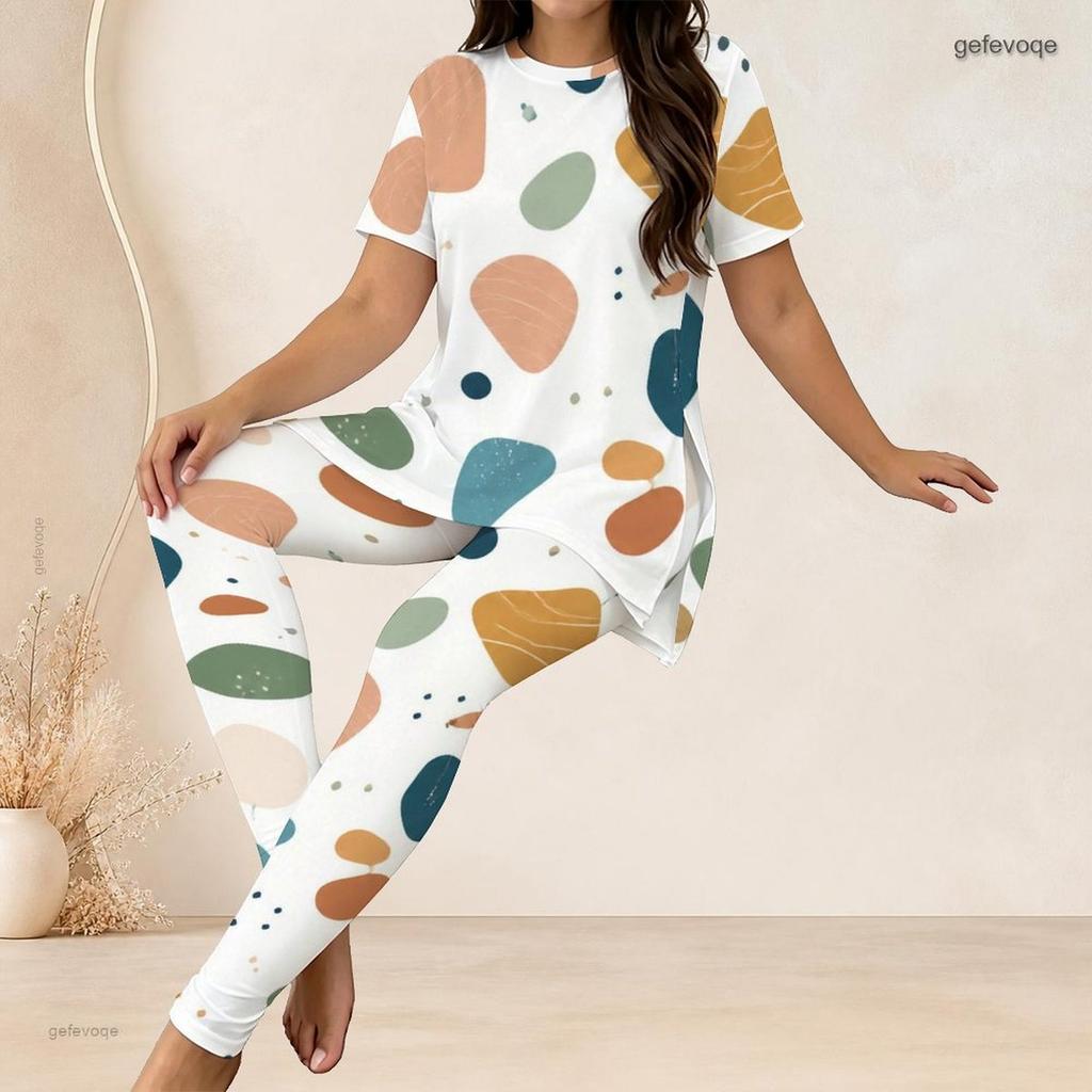Women Plus Size Two Piece Set Round Neck Short Sleeve Printed Long Top Fitted Long Pants