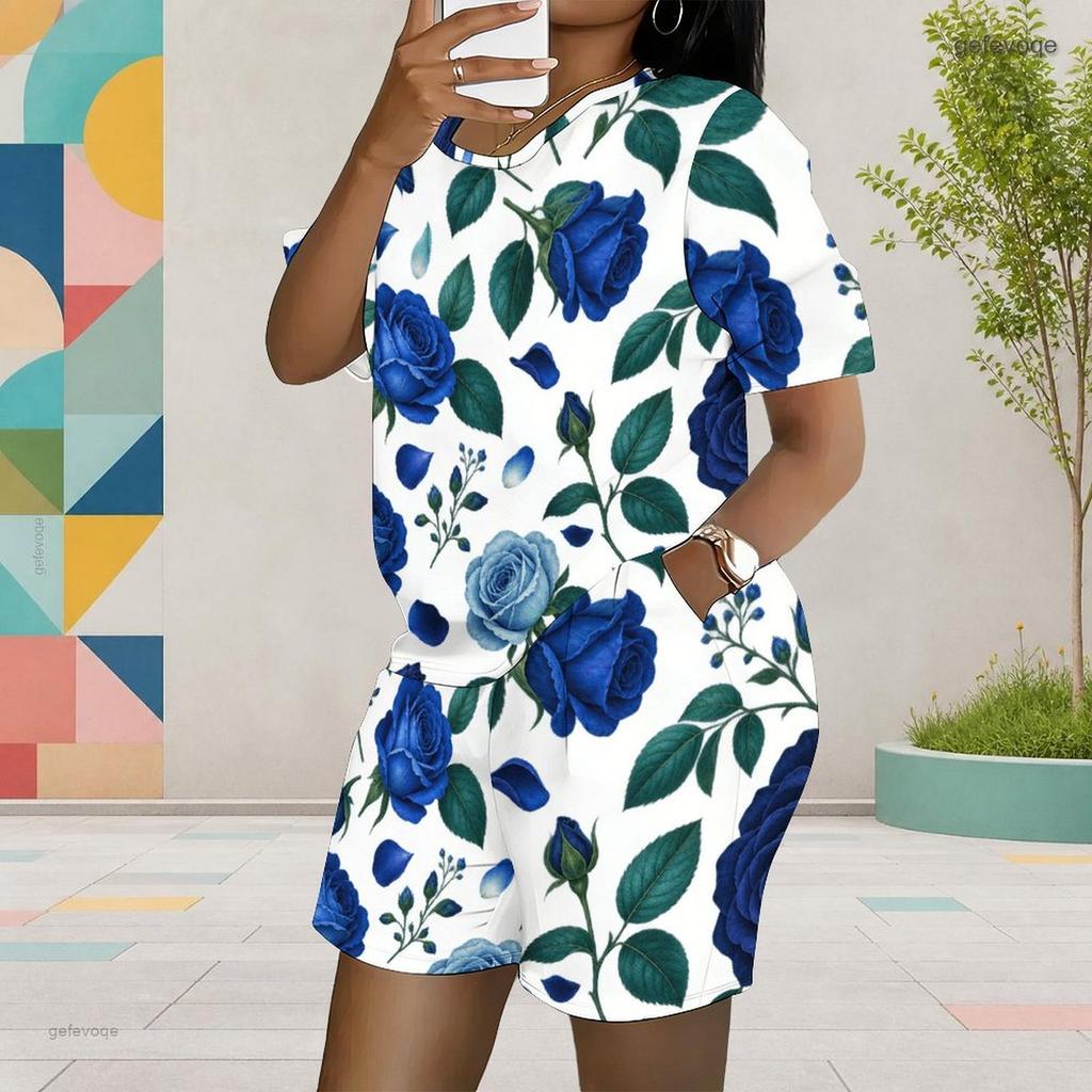 Women Plus Size White Floral Printed Round Neck Short Sleeve Top And Pocket Shorts Two Piece Set